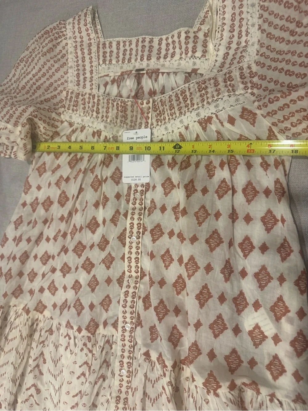 Free People Cream and Rust Diamond Print Mini Dress